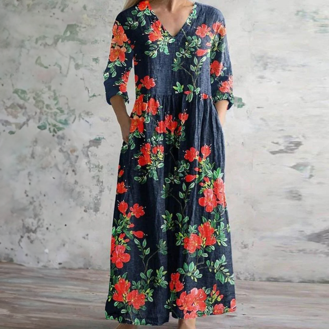 Polly | Retro Maxi Dress With Multi-Coloured Floral Patterns