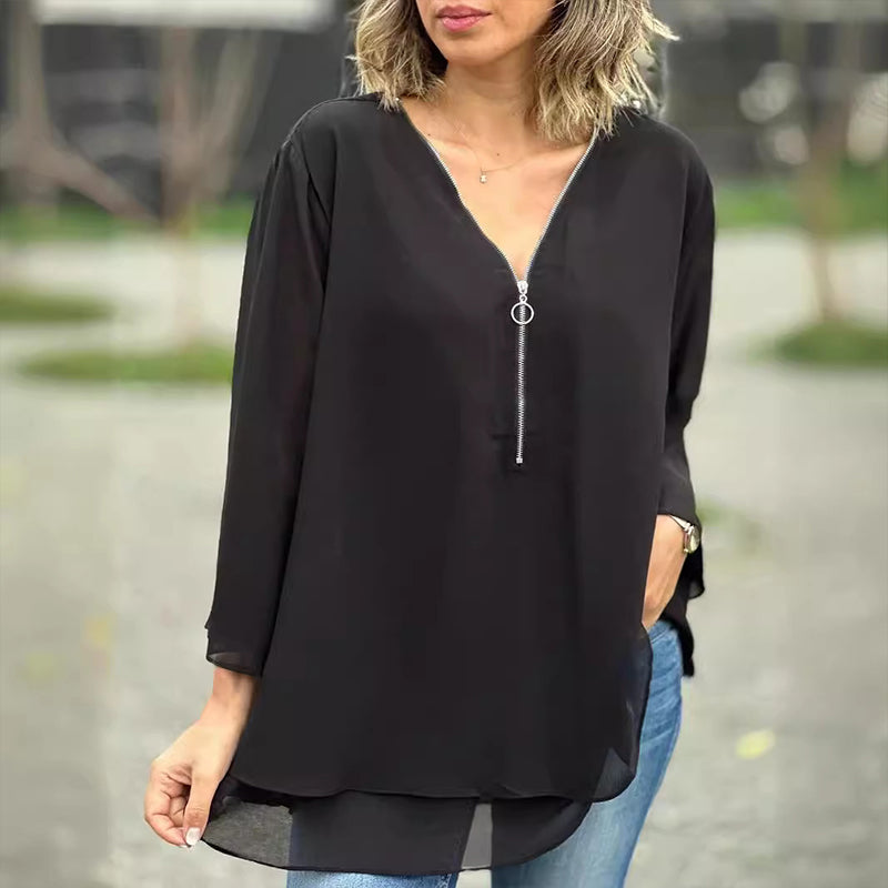 Bree™ | Elegant Chiffon Zipper Blouse With V-neck