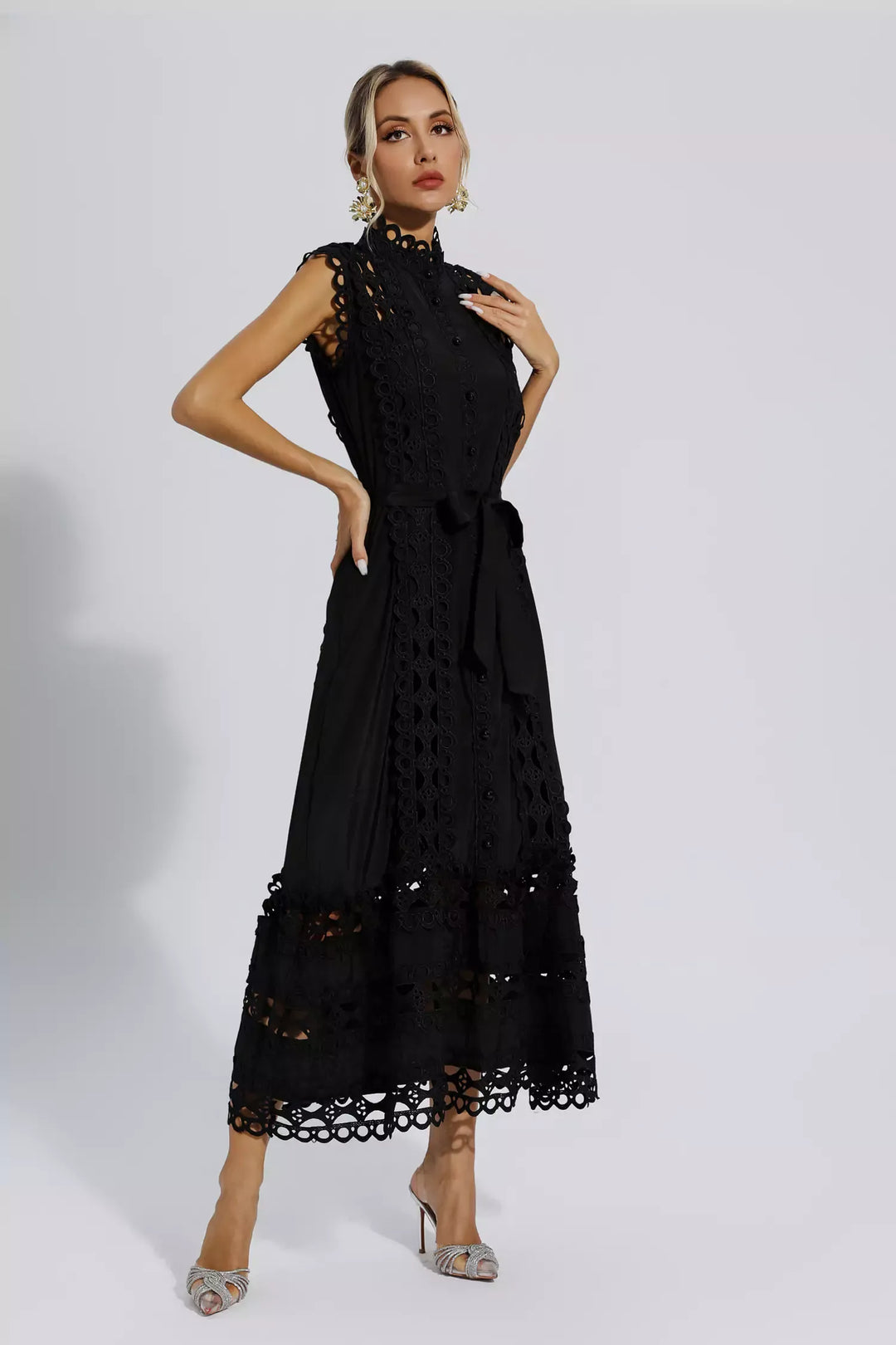 Ines | Black High-End Sleeveless Hollow Maxi Dress