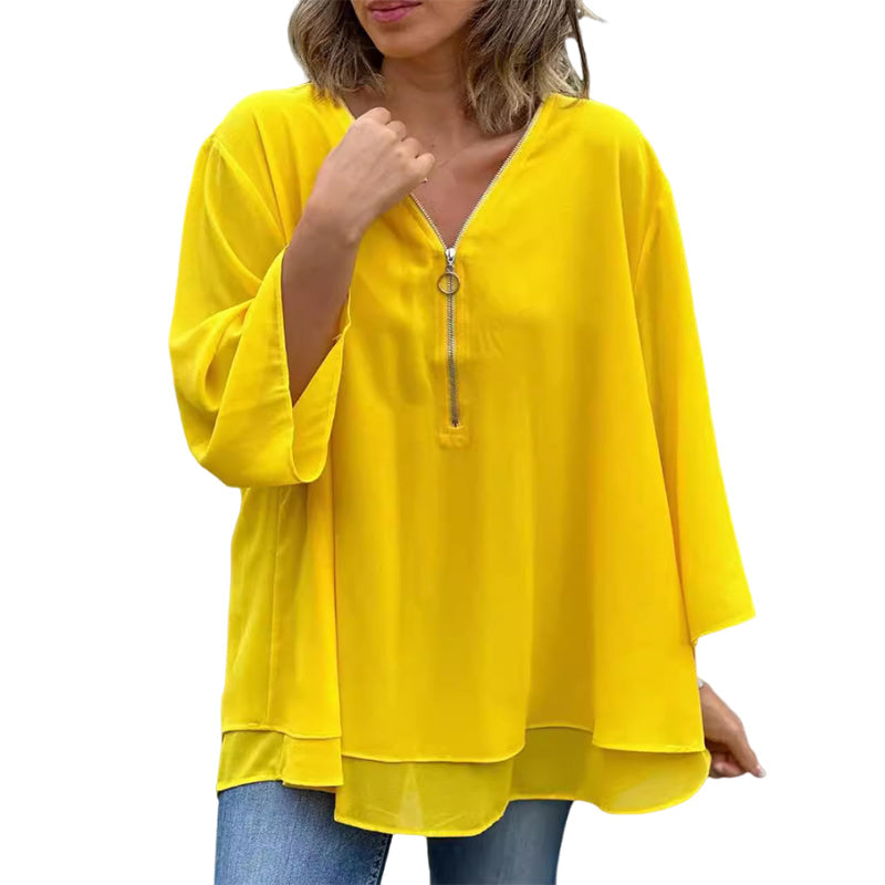 Bree™ | Elegant Chiffon Zipper Blouse With V-neck