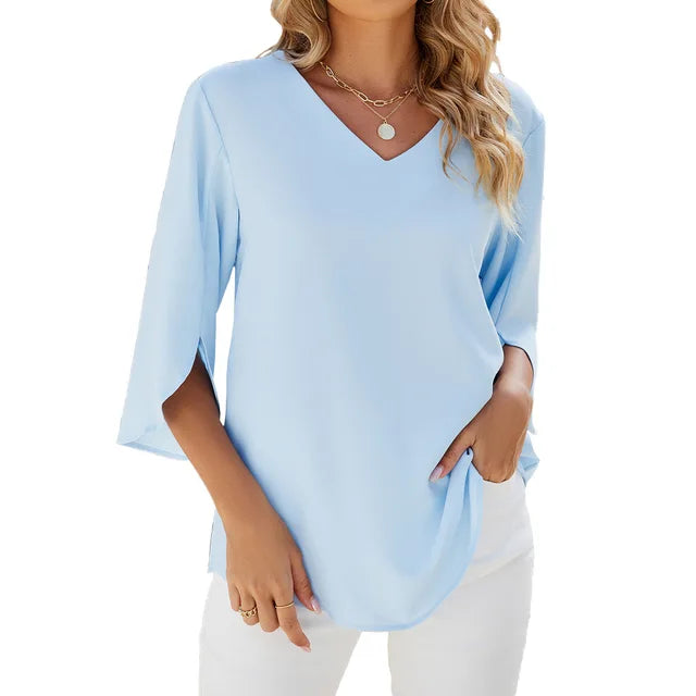 Linda | Elegant Solid Colour V-Neck Blouse