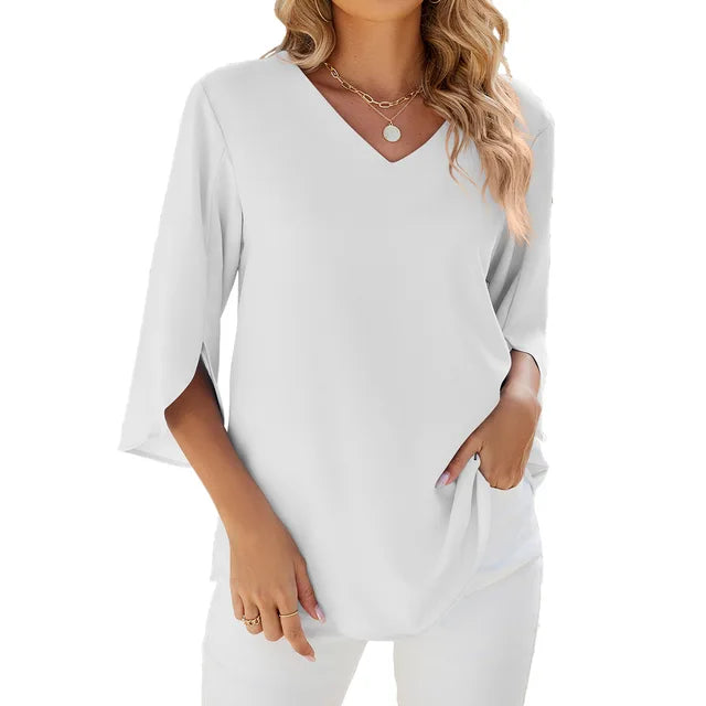 Linda | Elegant Solid Colour V-Neck Blouse