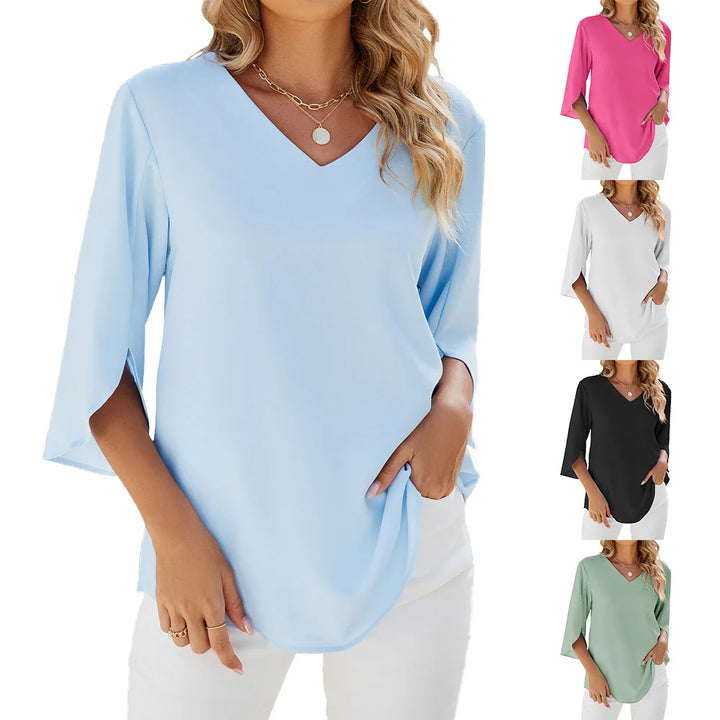 Linda | Elegant Solid Colour V-Neck Blouse